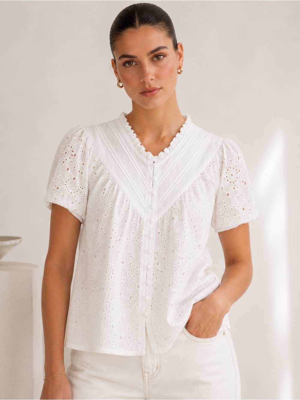 PrettyGarden White Eyelet Cotton Blouse - Puff Sleeve V-Neck Top - Size Large